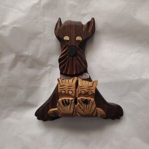 Vintage Carved Wooden Scottie  Dog With Puppies Brooch Scottish Terrier Pin